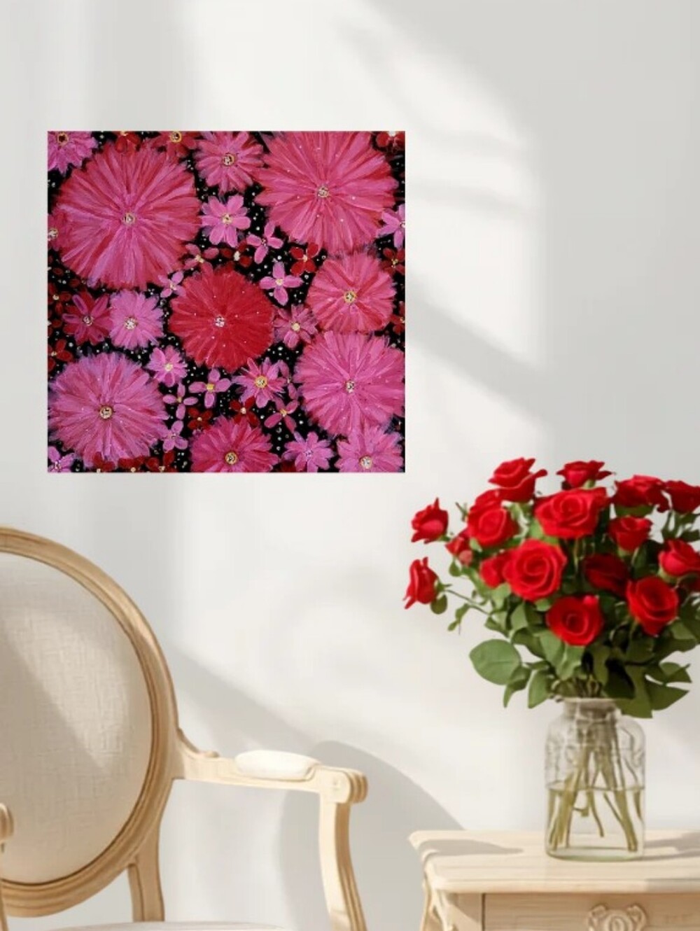 Hand Crafted Abstract Red Pink and Black 12x12 Inches Wall Art Canvas Painting